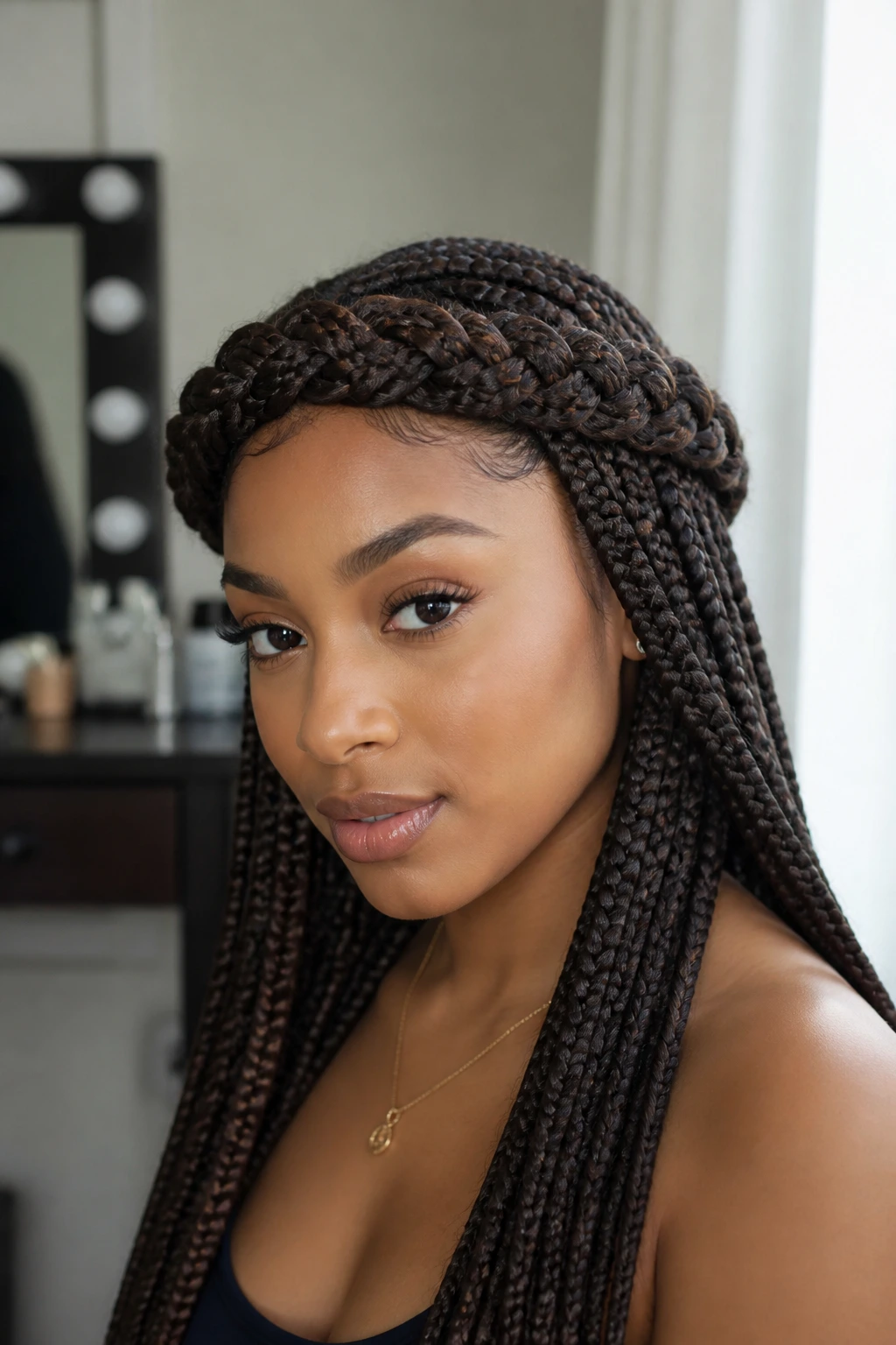 Close-up of crown halo braid encircling head on a real person