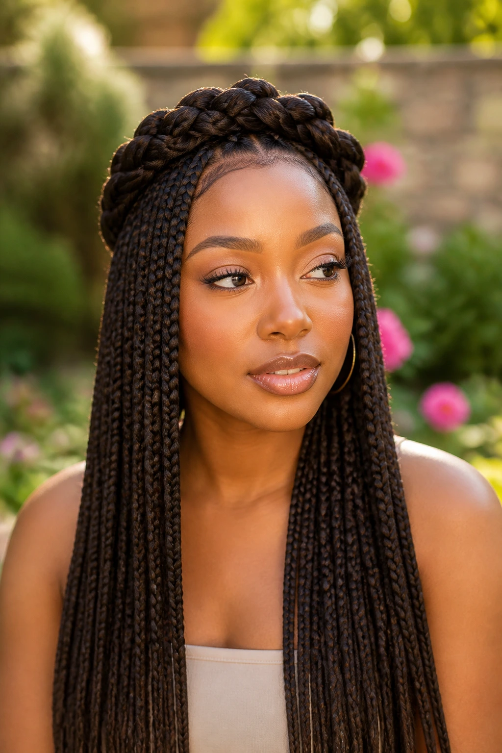 Close-up of a real person with crown halo braids outdoors in soft sunlight.