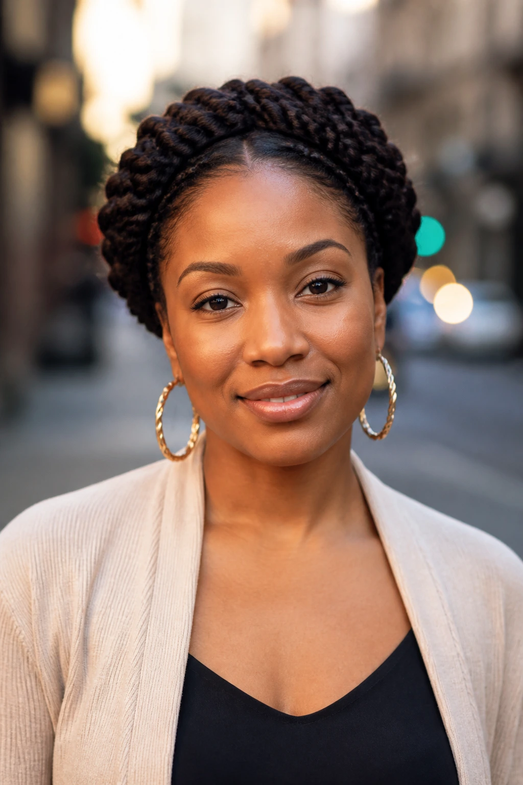 Head-and-shoulders portrait of a real person with crown halo twists around head