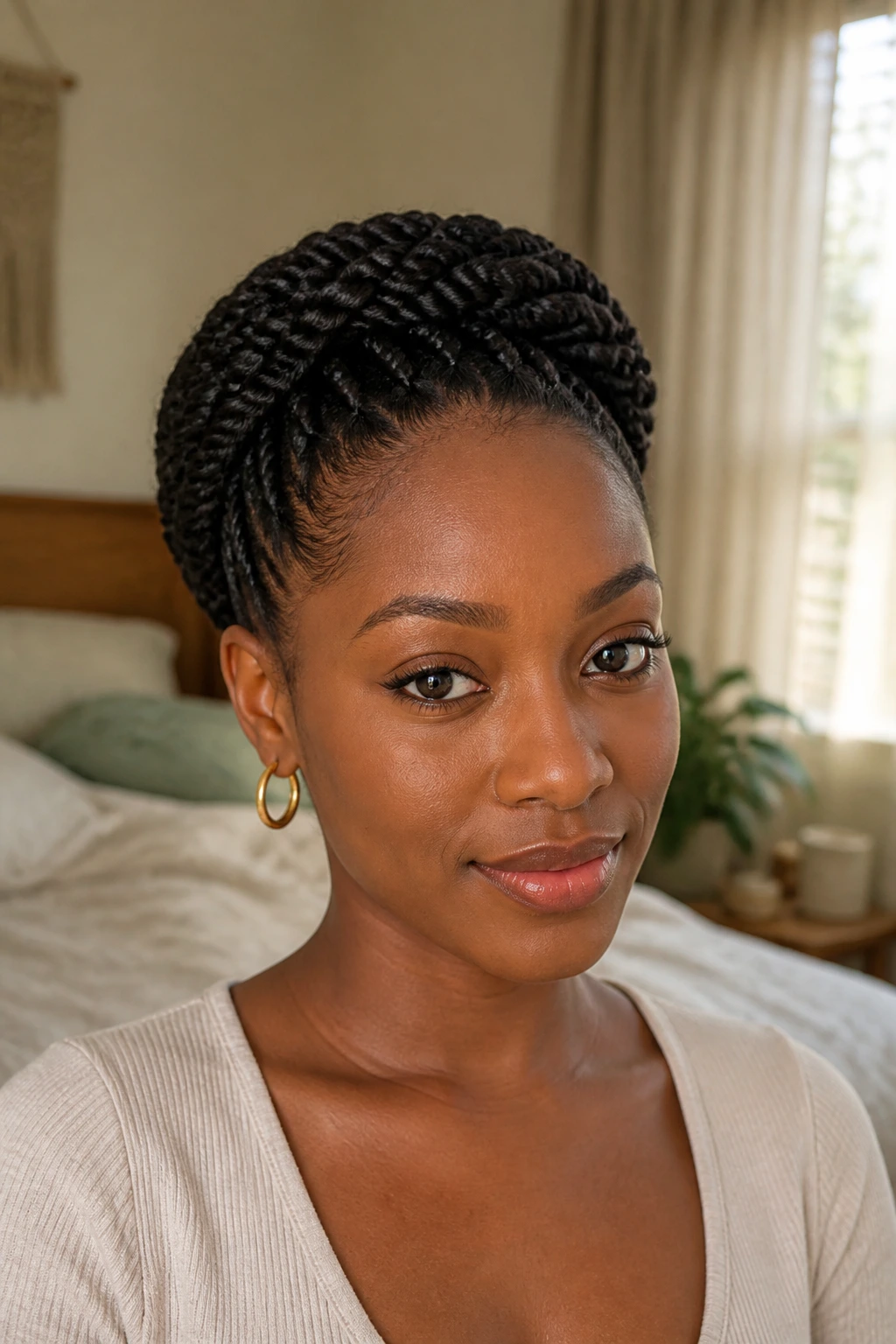 Close-up of a woman with Crown Halo Twist Updo showing circular halo of twists around the head