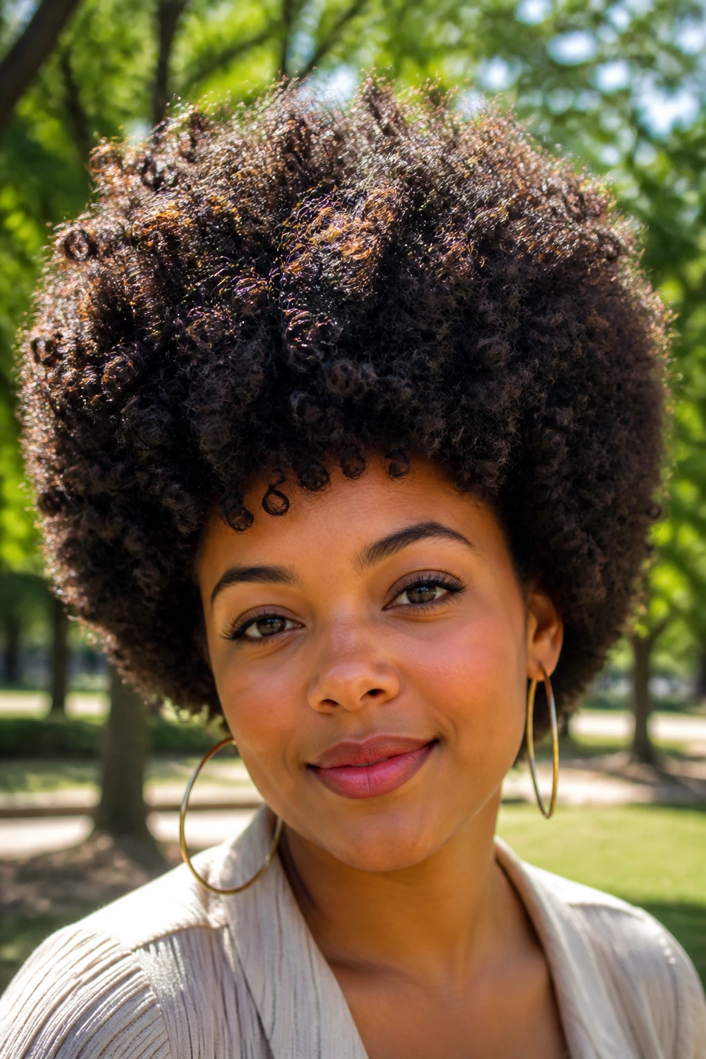 Close-up of Crown-Heavy Rounded Afro on a real person, bright outdoor sunlight enhancing volume
