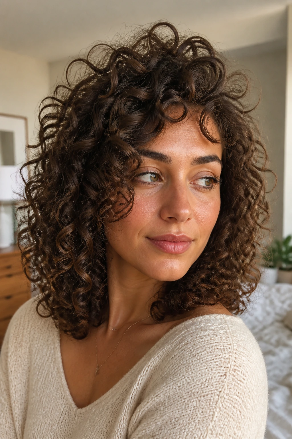 Portrait of a woman with crown-heavy curls and lifted crown at shoulder length