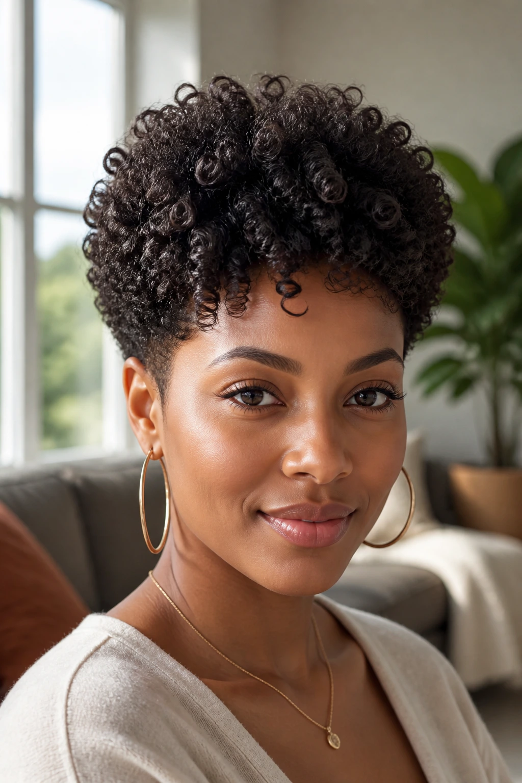 Close-up of a real Black woman's crown-heavy rounded curly cut with centered crown volume
