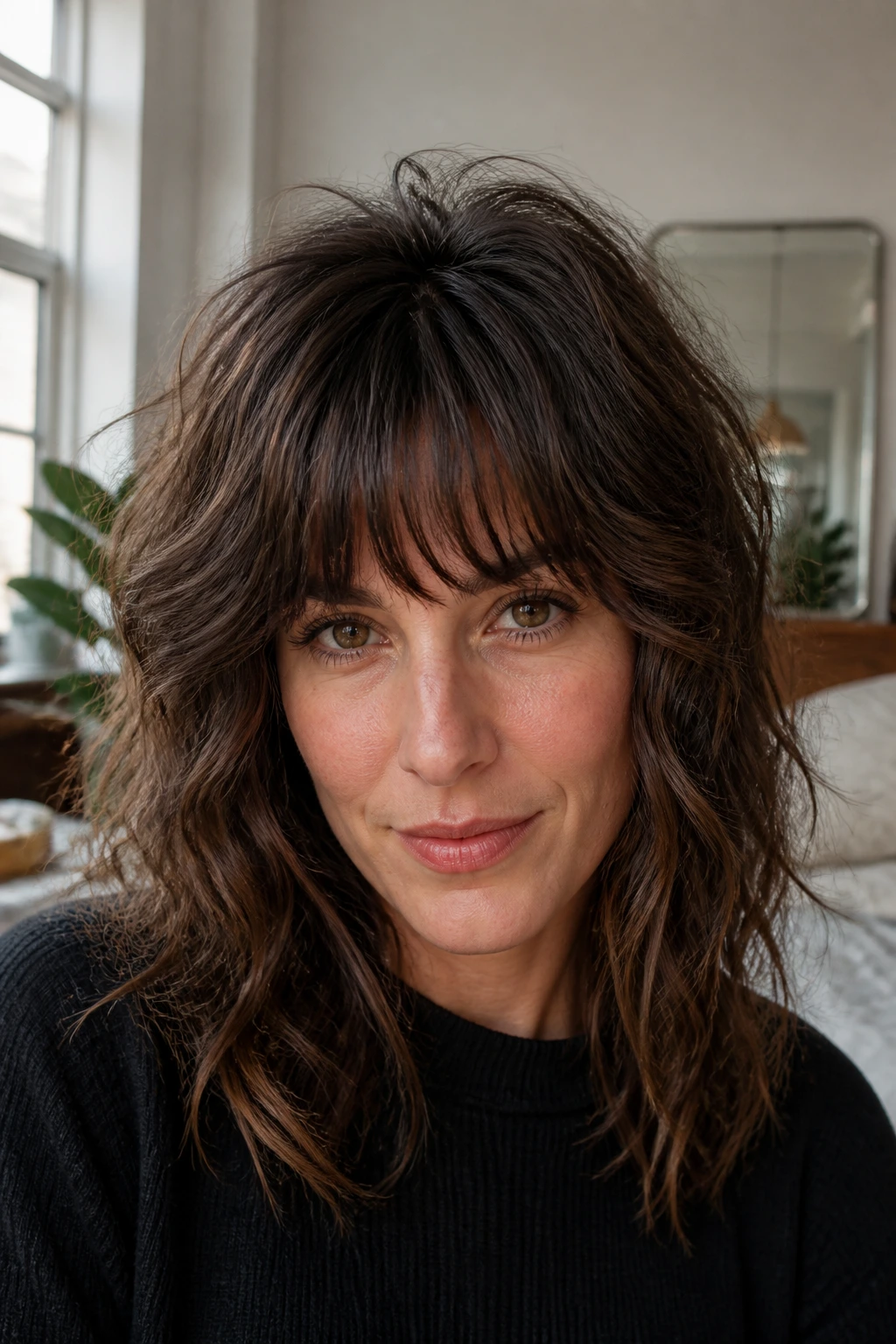 Close-up portrait of a real woman with crown-heavy shag fringe in a stylish apartment