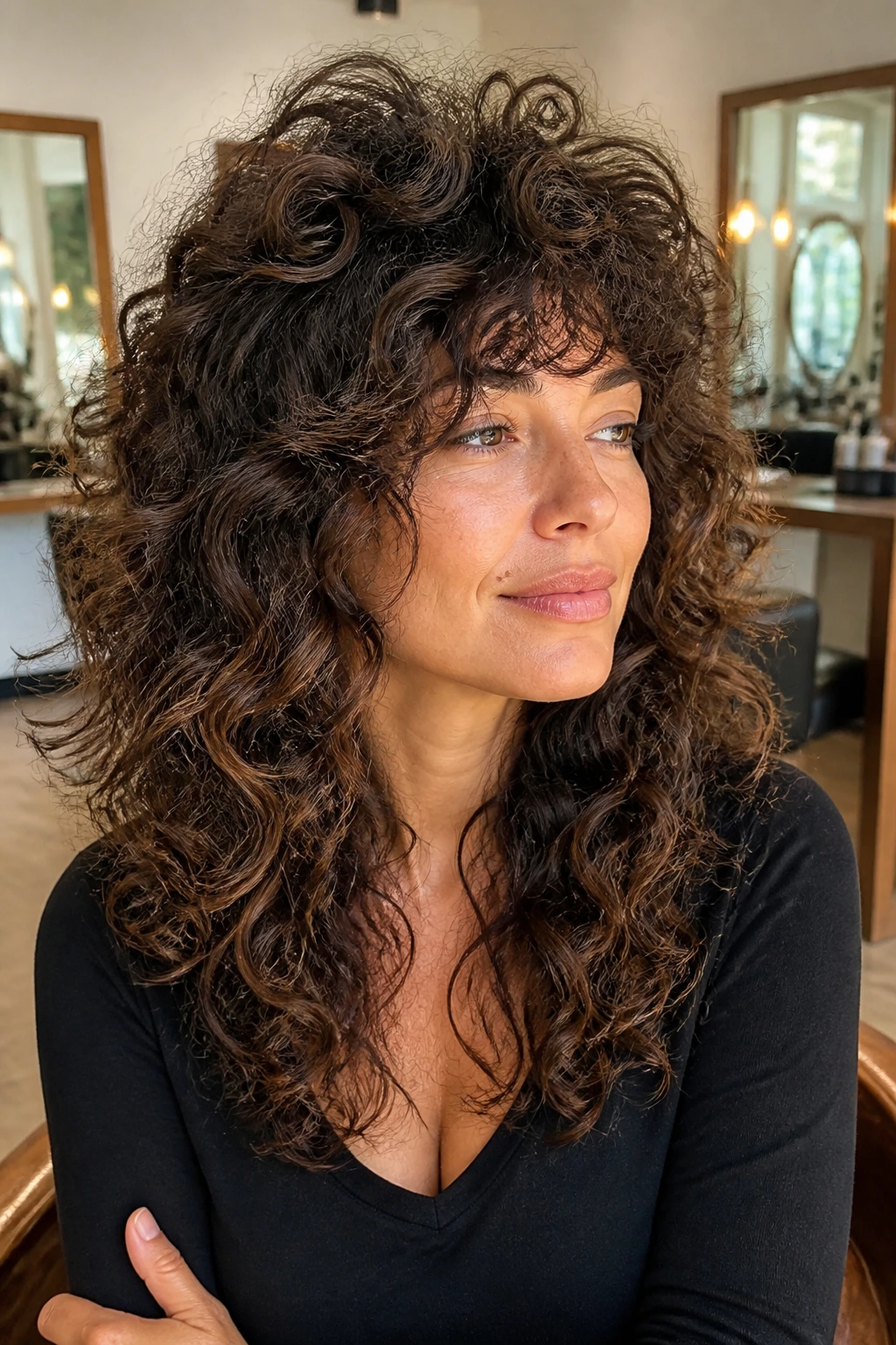 Close-up of real woman with crown-heavy volume shag showing lifted crown and voluminous curls
