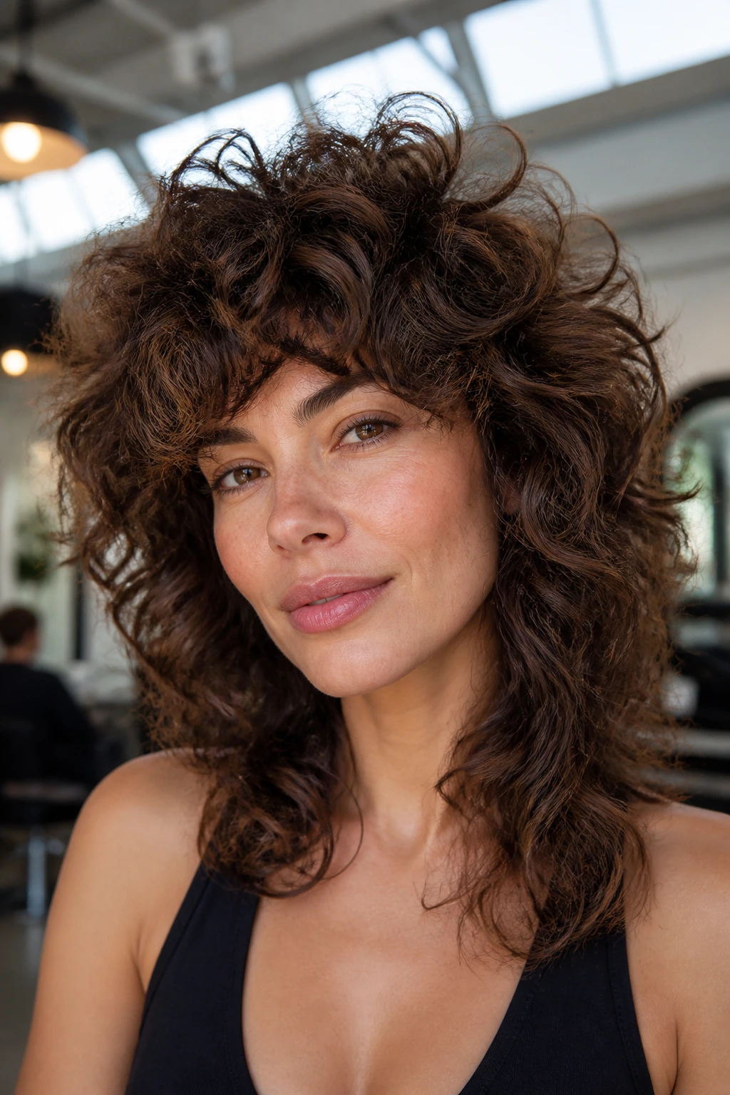 Close-up of a real woman with crown-heavy volume shag in a modern salon