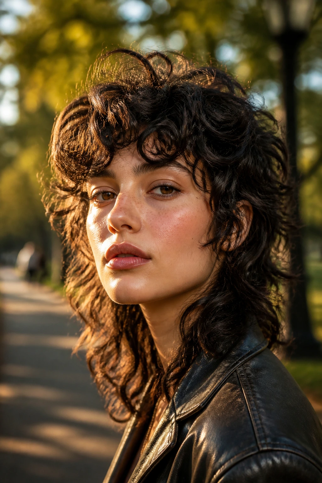 Close-up real person crown-heavy volume wolf cut in city park at golden hour