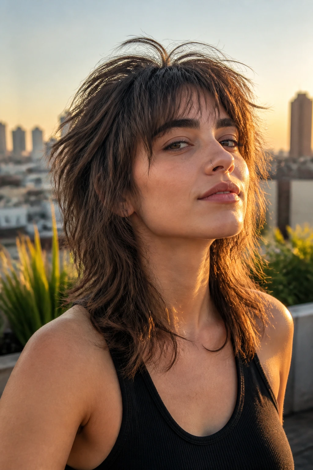 Close-up of a real person with Crown-Heavy Wolf Cut showing crown lift on medium straight hair with city lights in background.