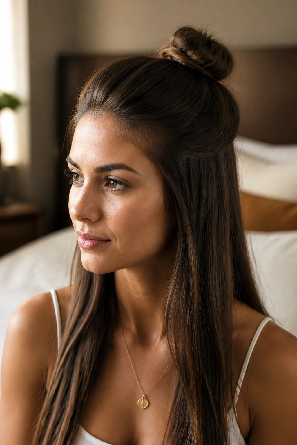 Close-up of a real woman with a crown knot in long hair