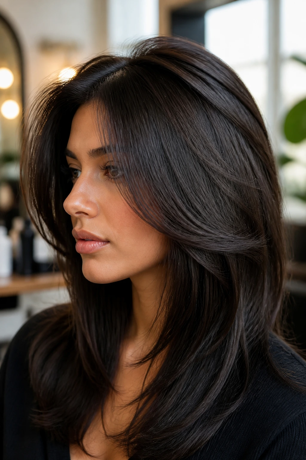 Close-up portrait of crown layers on straight thick hair in a warm salon.