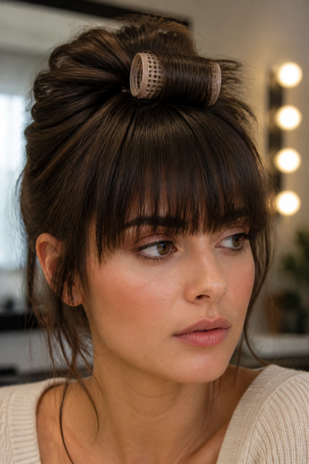 Close-up portrait of a real woman with crown-lift bangs and lifted crown volume