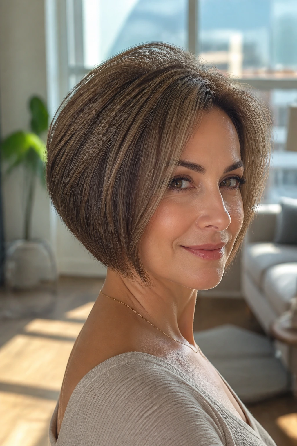 Close-up of real woman with crown-lift bob showing crown height