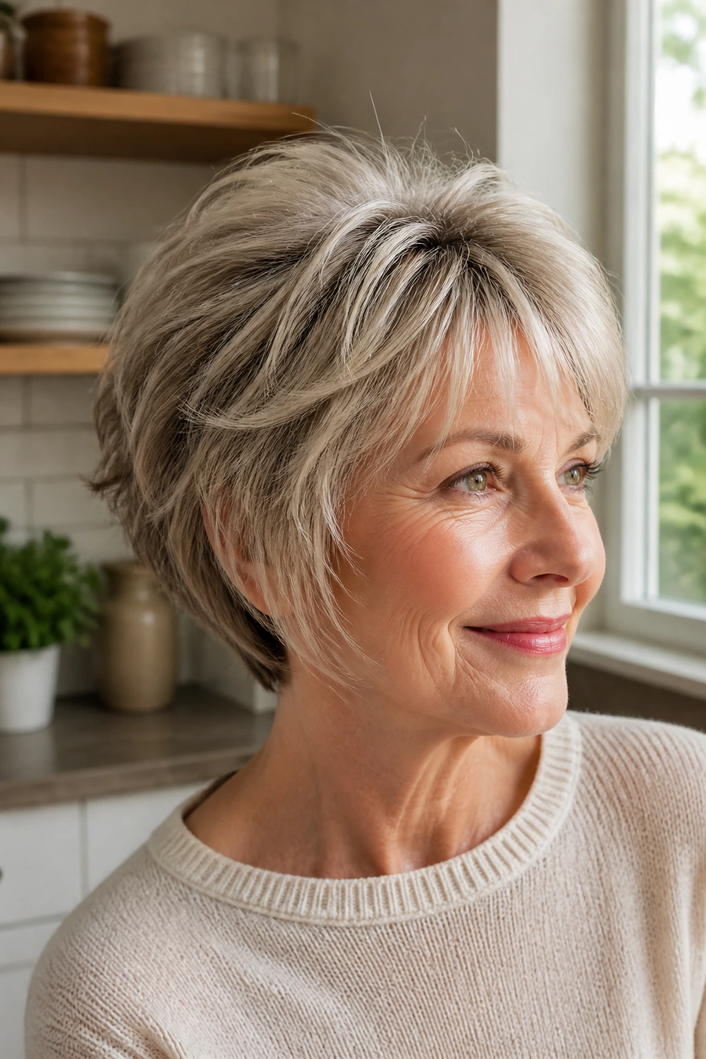 Close-up portrait of an older woman with crown-lift bob