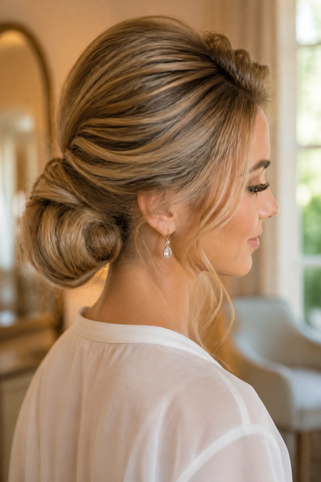 Close-up of a real woman with a crown-lift bun and lifted crown