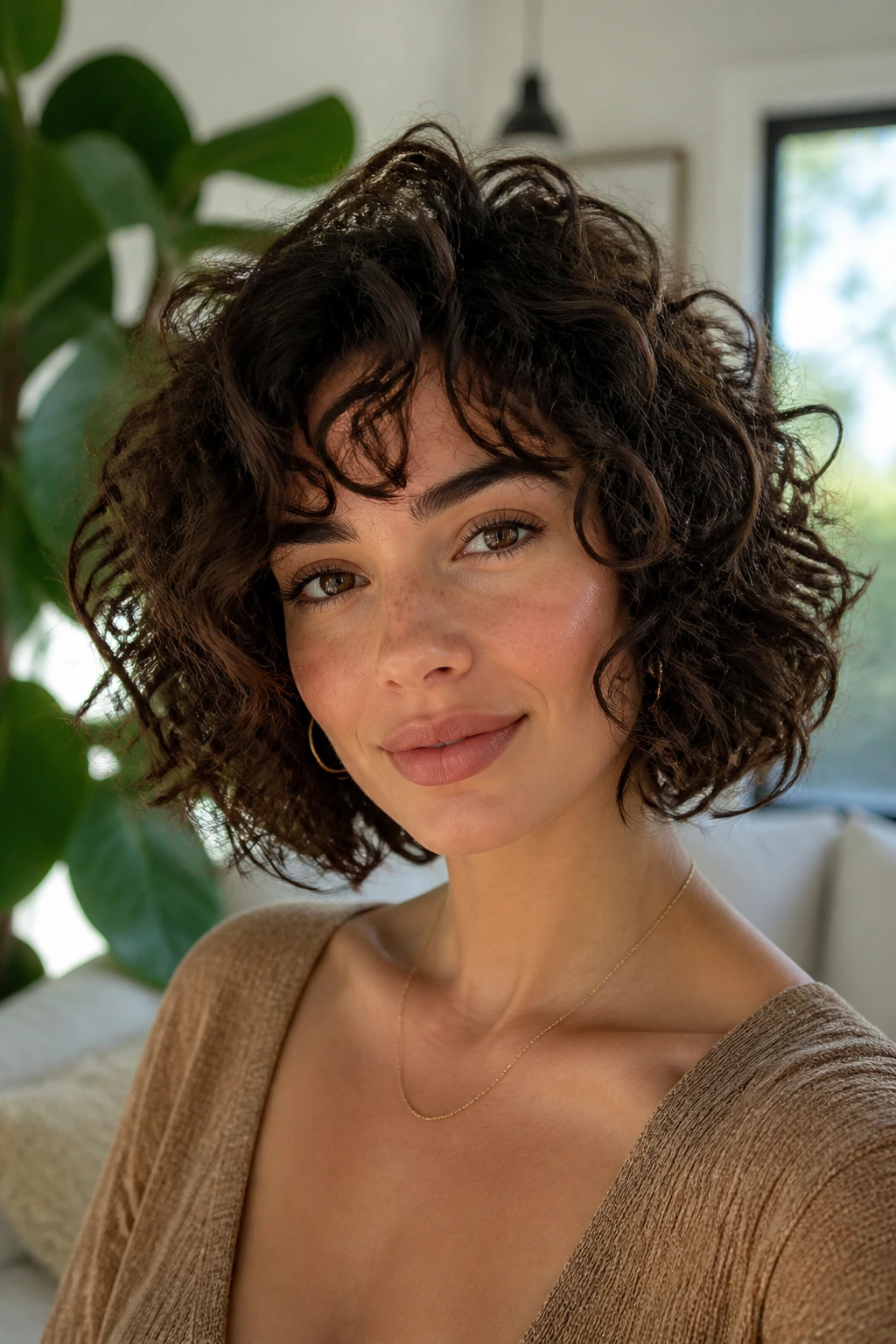 Close-up portrait of a real woman with chin-length curls and crown lift