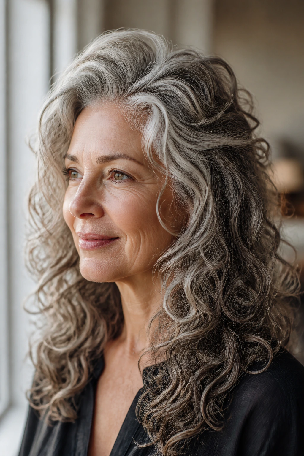 Close-up of an older woman with long curly hair showing crown lift.