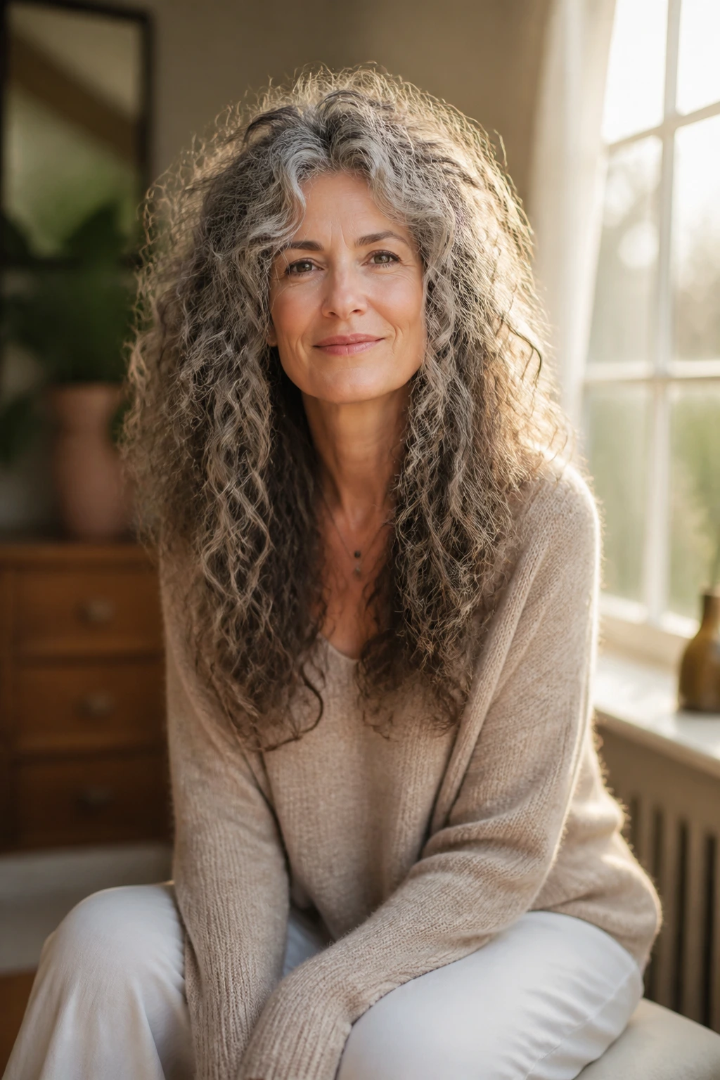 Older woman with crown-lifted full-length curly shape.