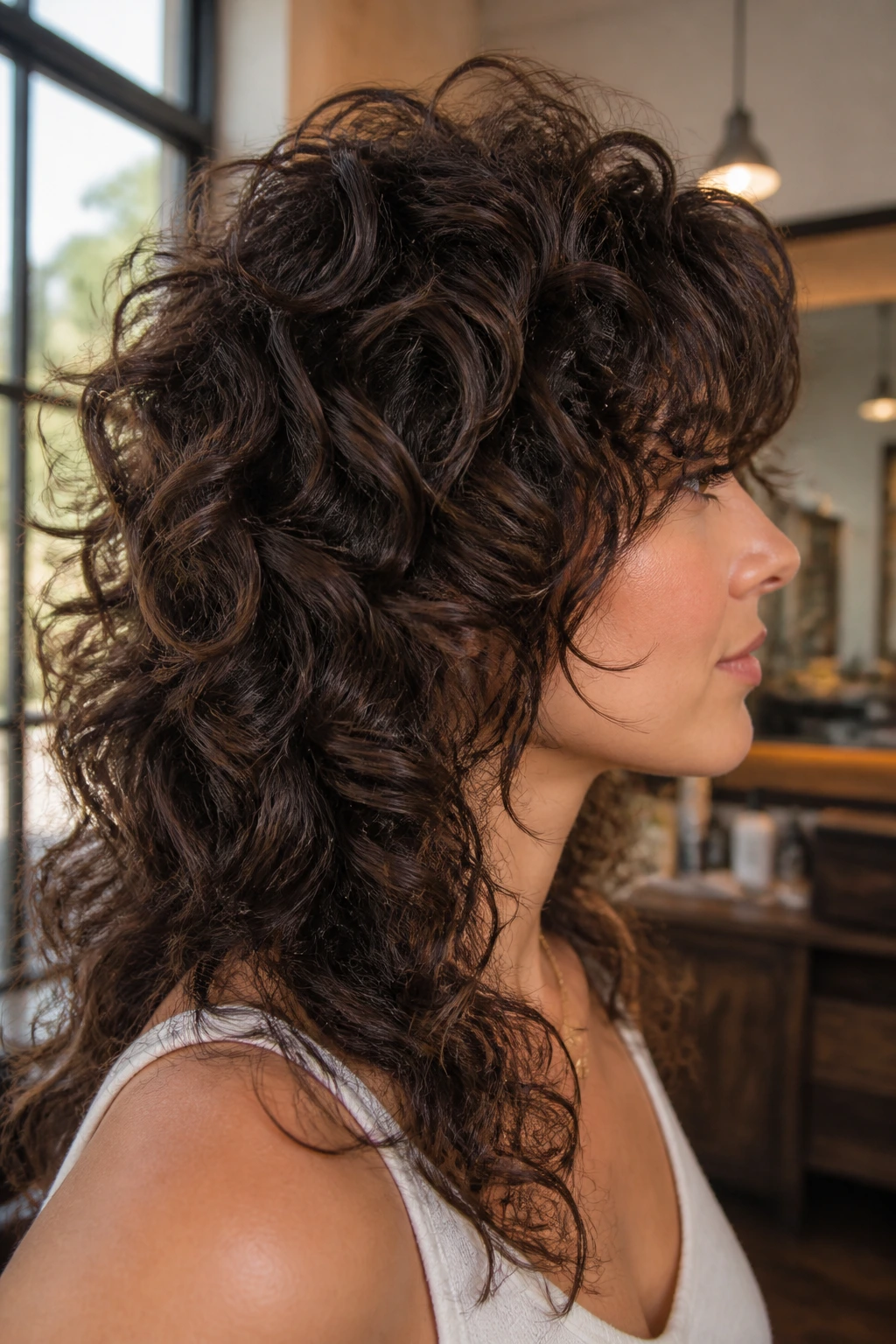 Close-up of crown-lightening curly shag on a real person