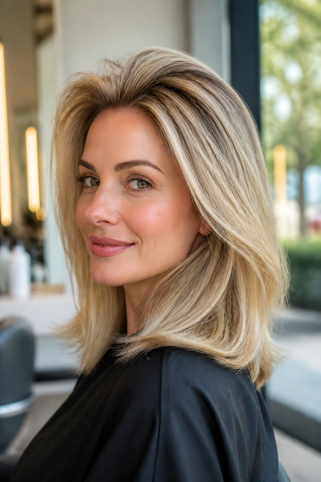 Close-up of a real person with crown-lift blowout on fine hair in bright salon light