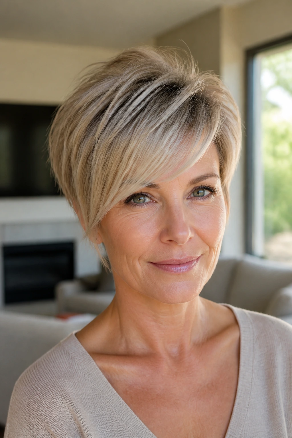 Real woman with crown-lift side bang for added crown volume.
