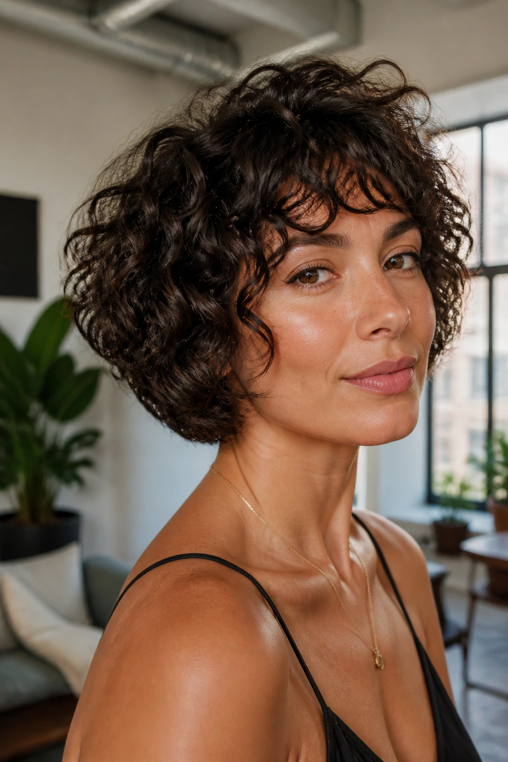Real person with crown-lift curly bob in urban apartment setting
