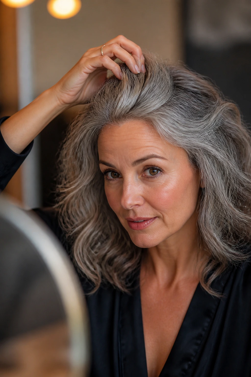 Close-up crown lift on a real person with gray waves