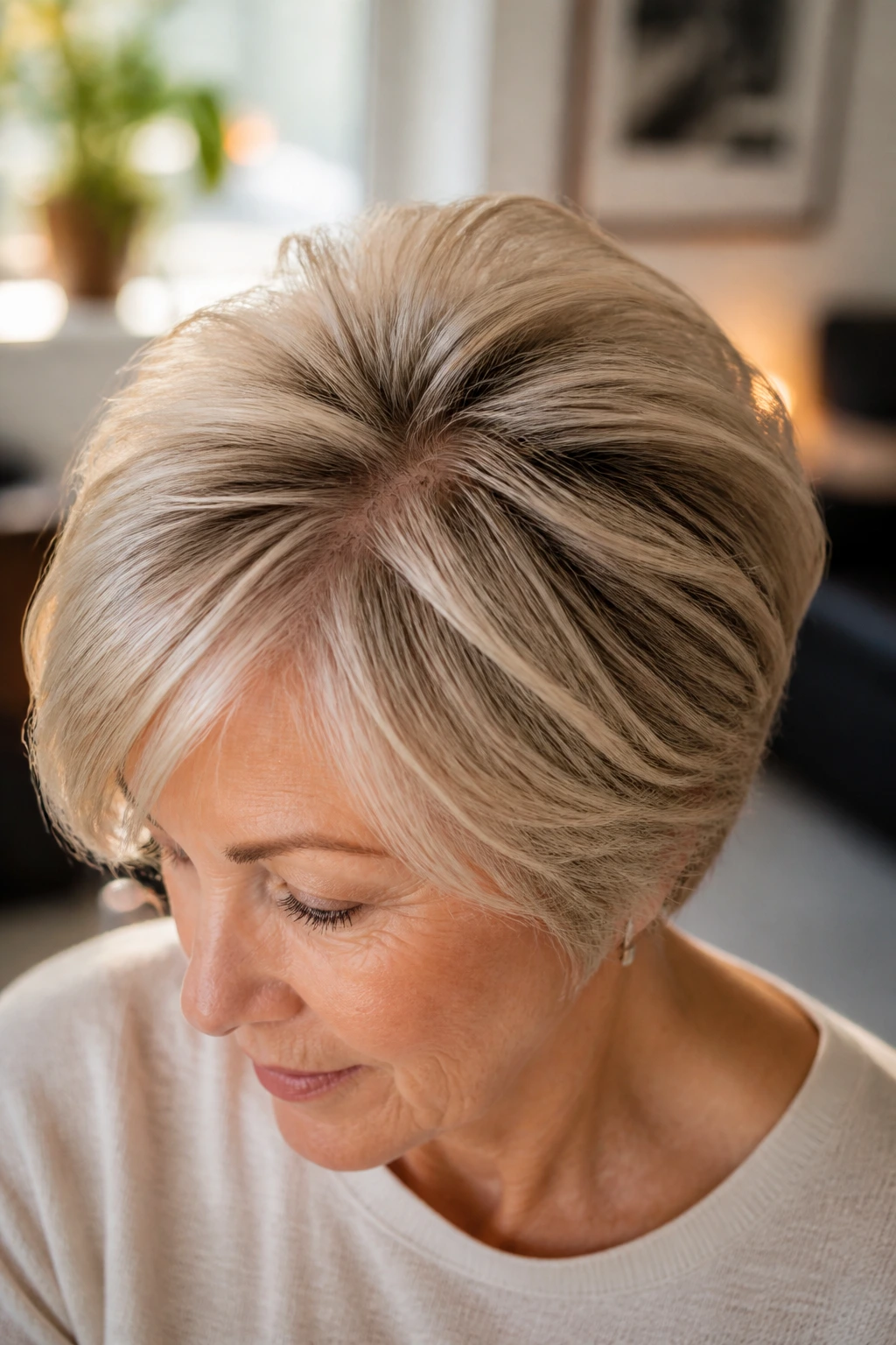 Close-up portrait showing crown lift and movement in layered hair on a real woman