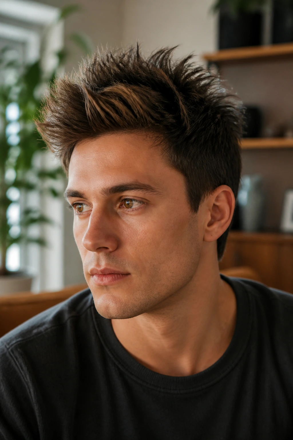 Portrait of man with crown-lift layered spikes hairstyle