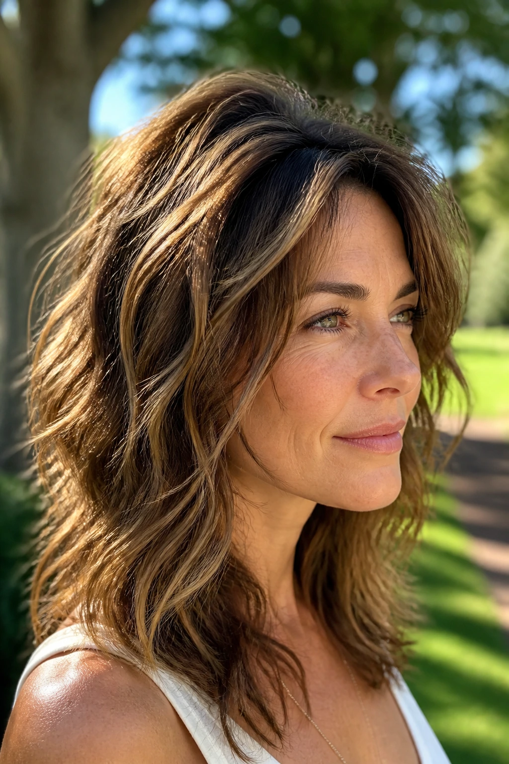 Close-up portrait of a real woman with crown-lift layers lifting the crown in a sunny outdoor setting.