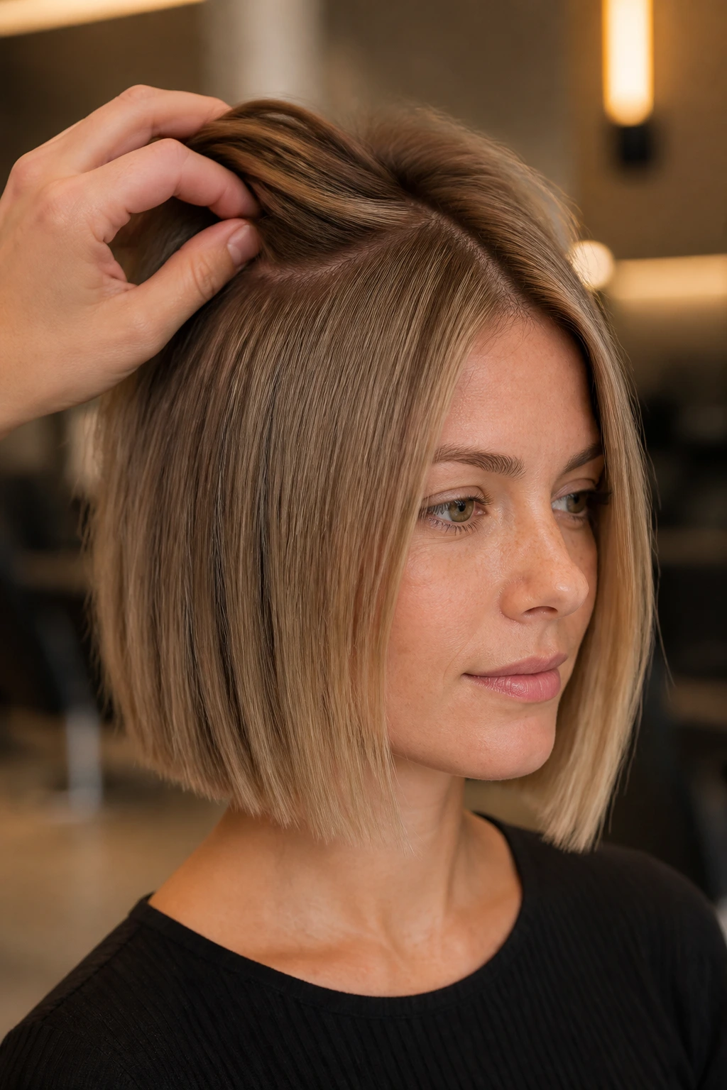 Portrait of a real woman with a hidden crown lift lob showing crown volume under the surface.
