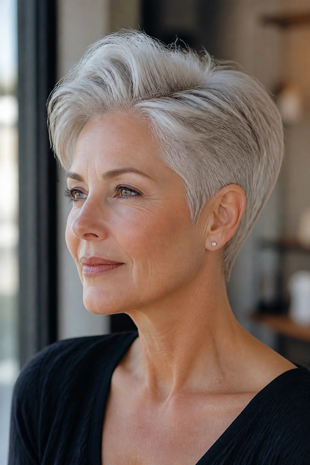 Portrait of real person with crown-lift silver pixie