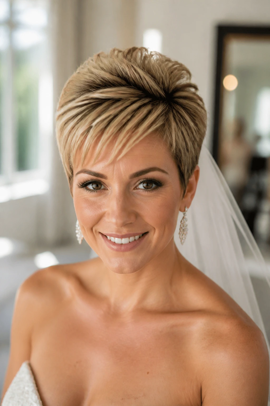 Close-up of a real bride with a crown-lift pixie