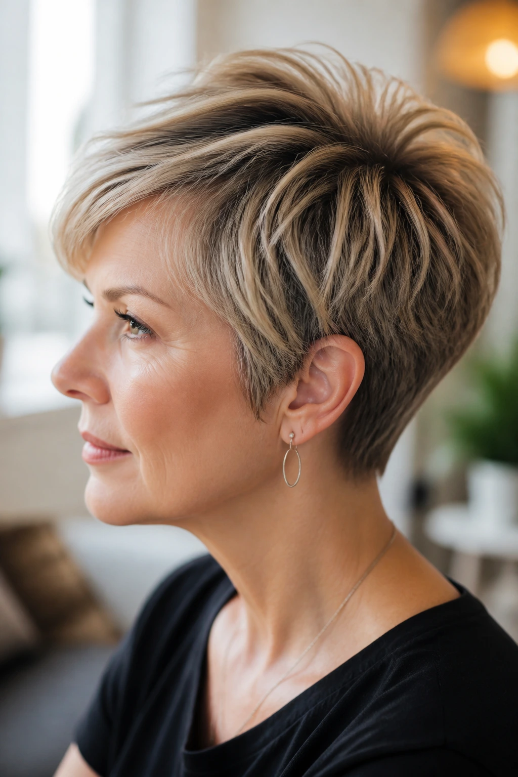 Portrait of a real person with crown-lift layered pixie hairstyle