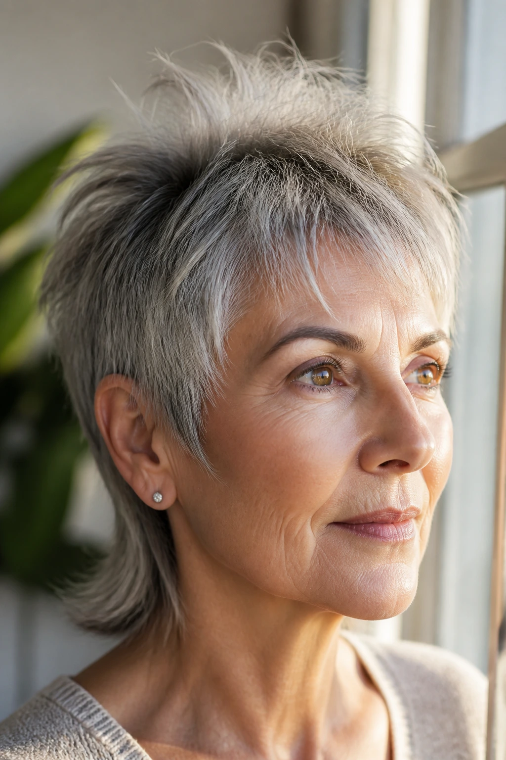Close-up of an older woman with crown-lift pixie mullet under natural light