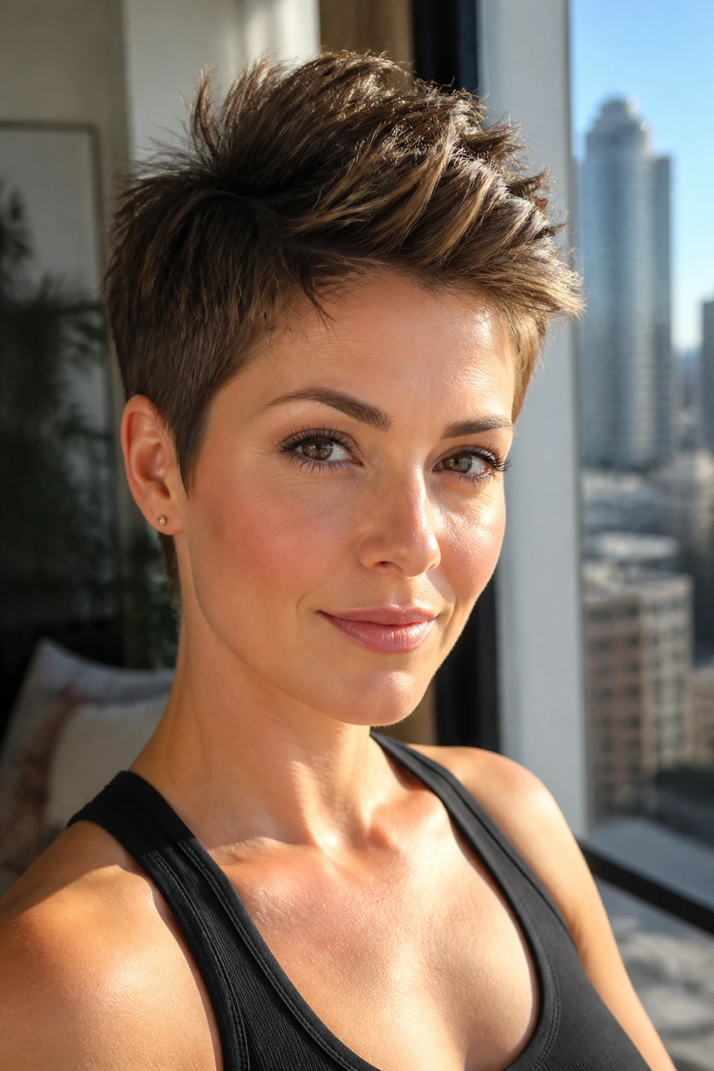 Portrait of a real woman with crown-lift pixie in a sunlit apartment