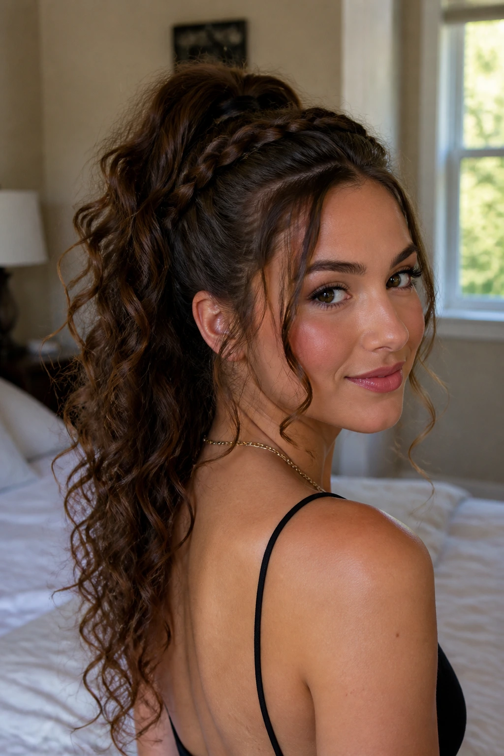 Close-up of a real woman with crown-height prom hairstyle in warm window light