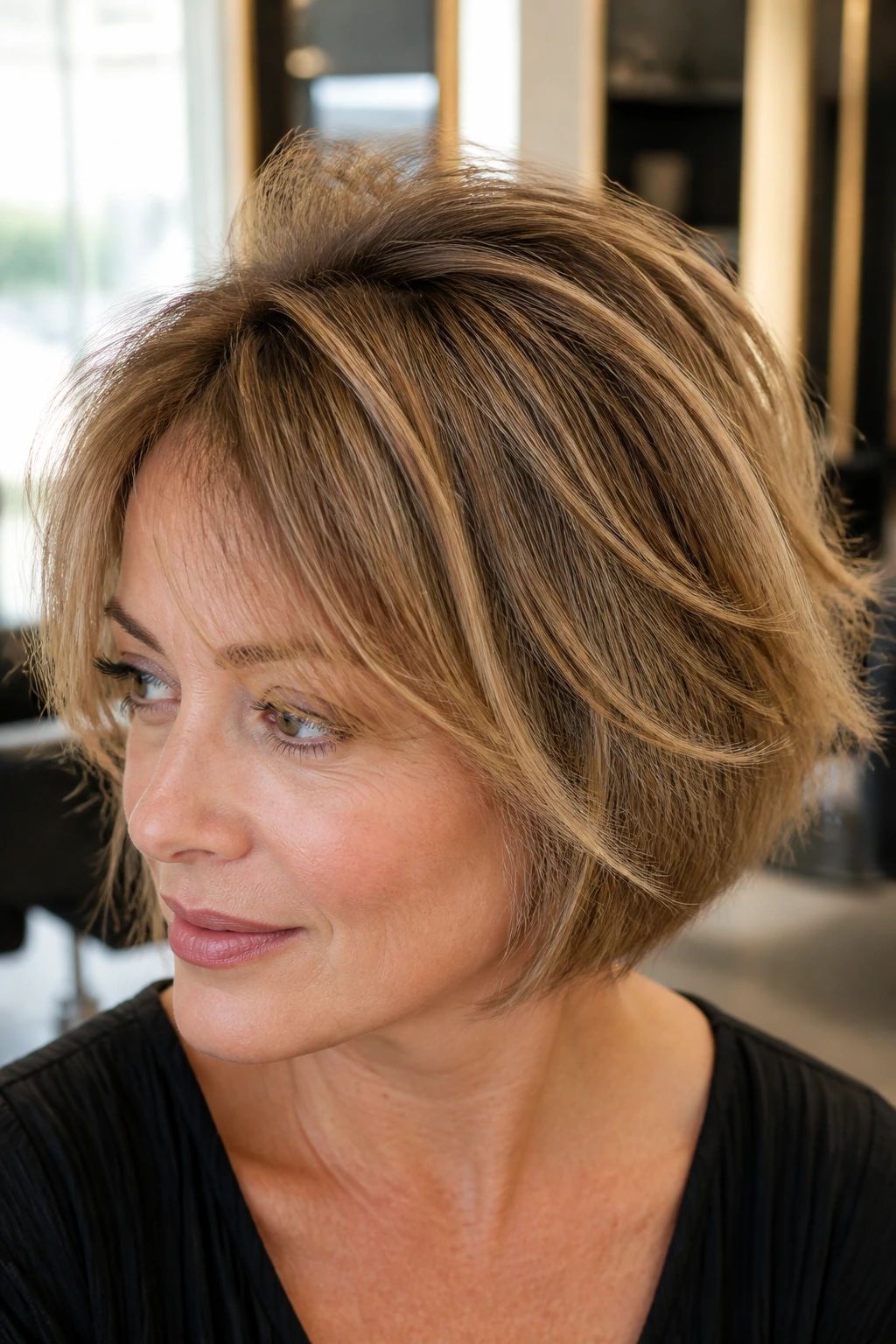 Real woman with crown-lift razor bob showing lifted crown