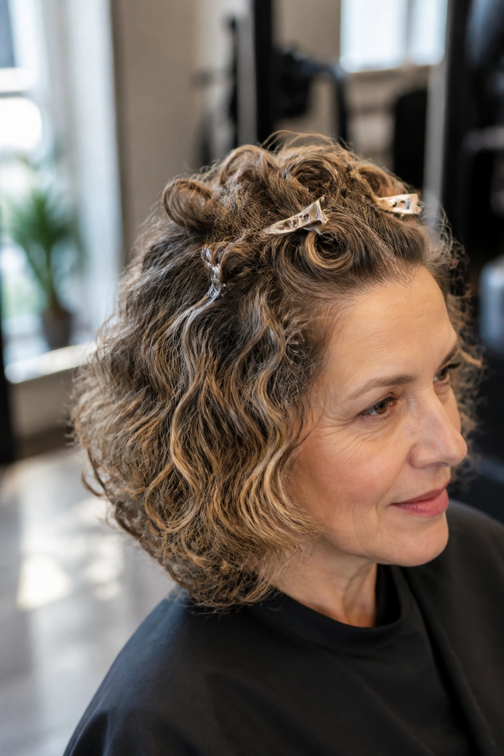 Close-up of a real woman's crown-lifted curls with root clips