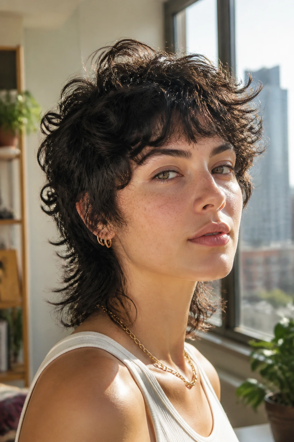 Close-up of a woman with crown-lift shag showing uplift at the crown