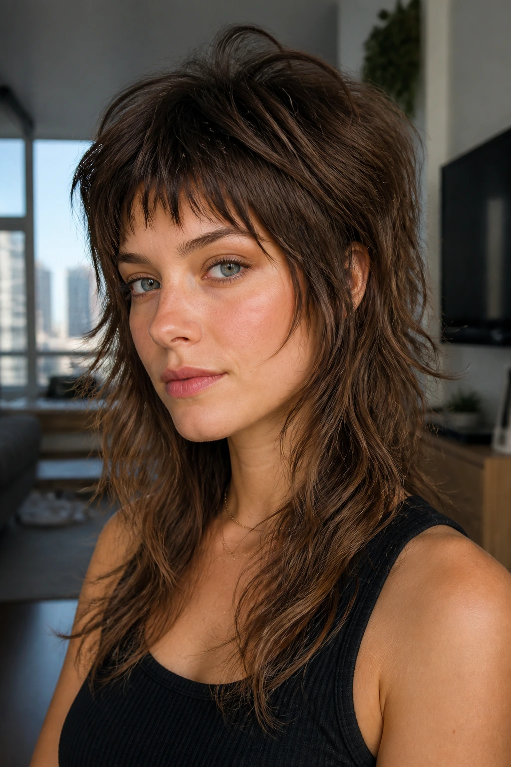 Portrait of a real woman with crown-lift shag and disconnected layers, ambient home lighting
