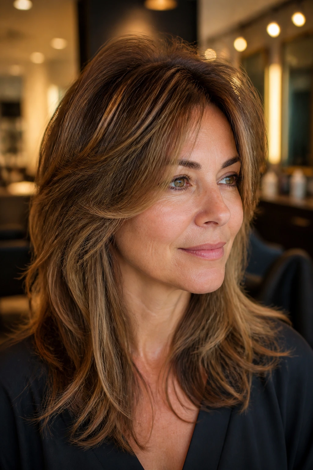 Portrait of a woman with crown-lift shag showing lifted crown and balanced lower layers