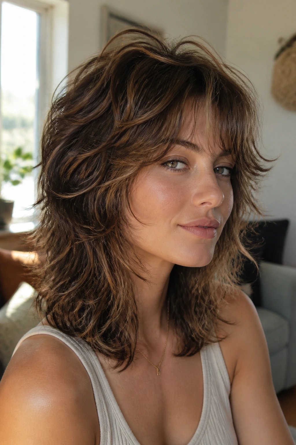 Close-up portrait of a real woman with crown-lift shag showing lifted crown and face-framing waves.