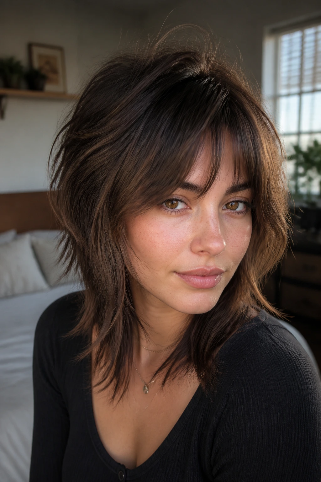 Close-up of a real woman with crown-lift shag hairstyle, crown lift emphasized
