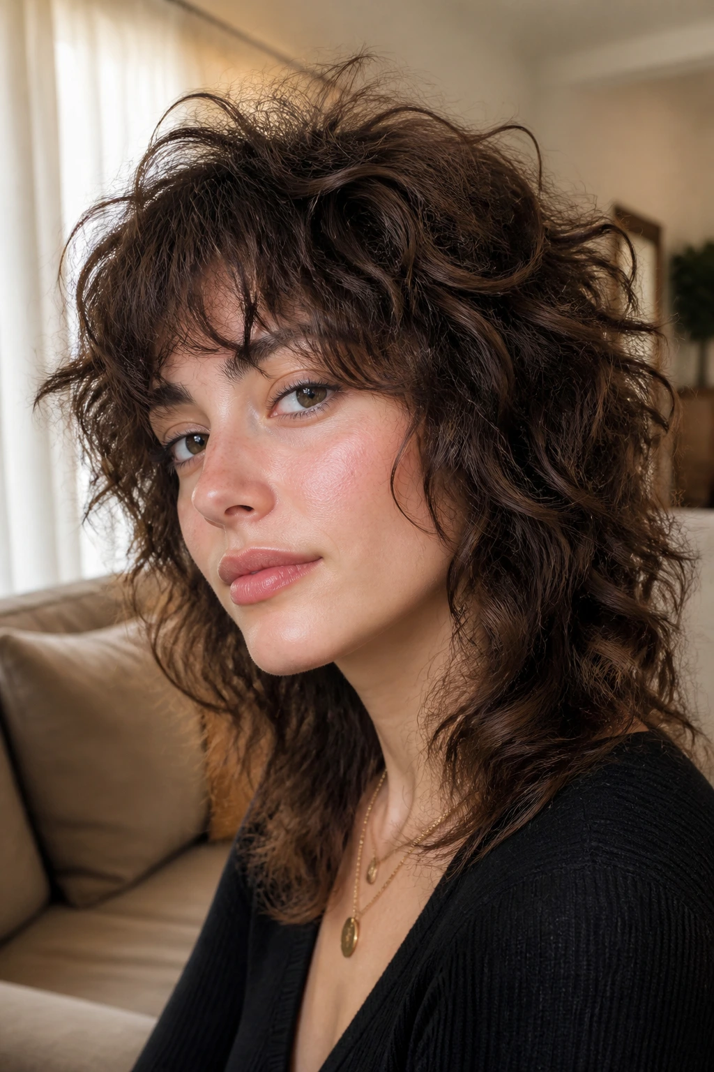 Close-up of a real woman with crown-lift shag featuring tighter top layers in a cozy living room.