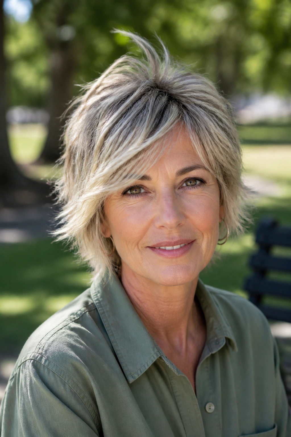 Portrait of a real person with crown-lift shag hairstyle outdoors.