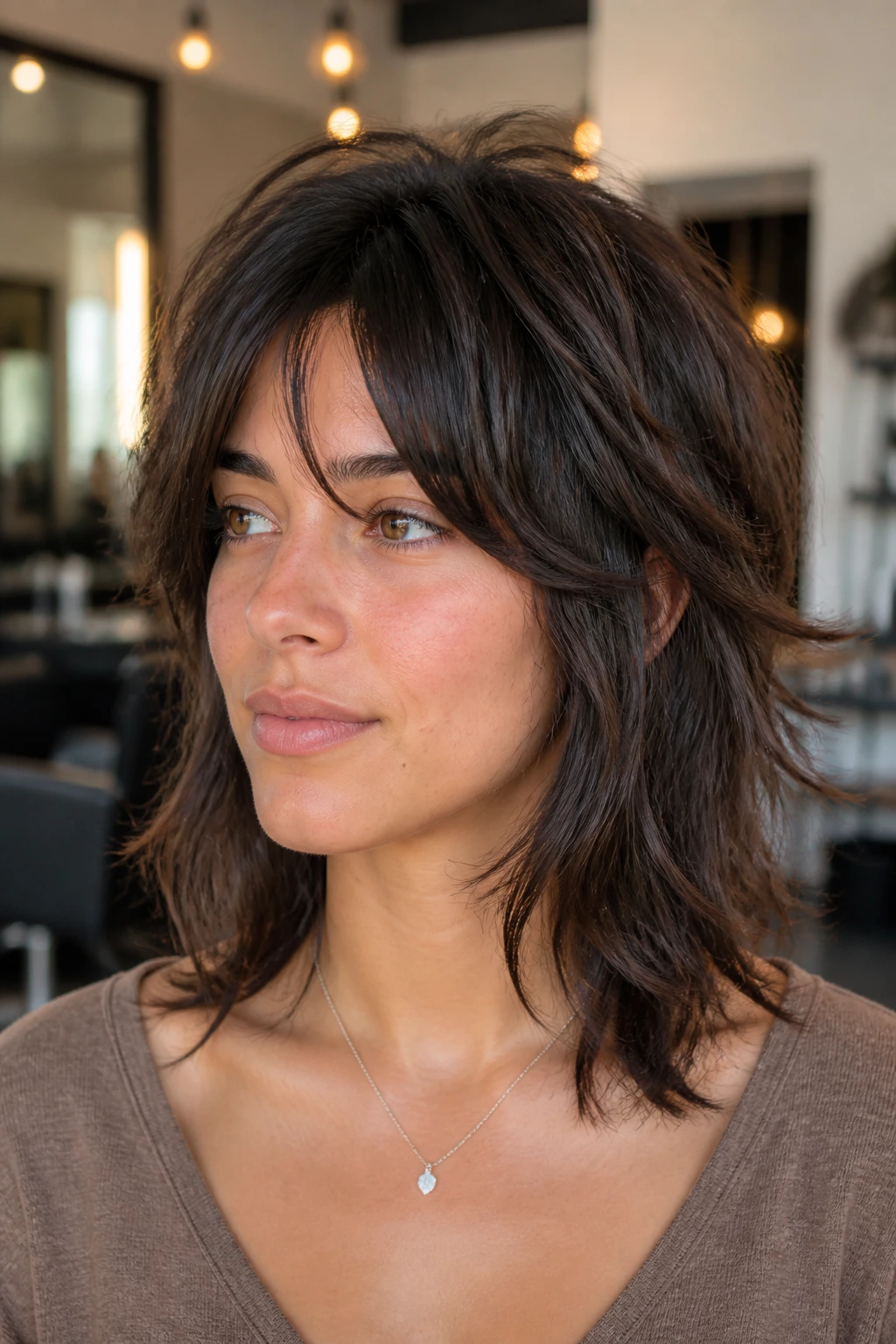 Close-up of a real woman with crown-lift shag thick hair in warm salon light