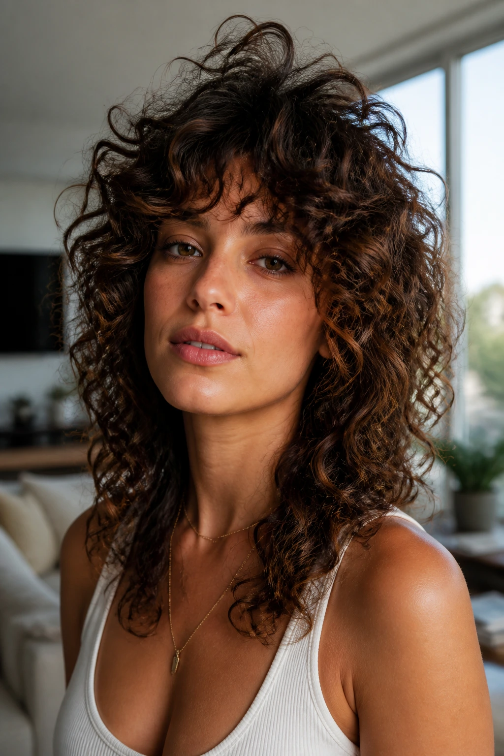 Portrait of a real person with crown-lift volume shag showing lifted crown and voluminous mid-lengths.