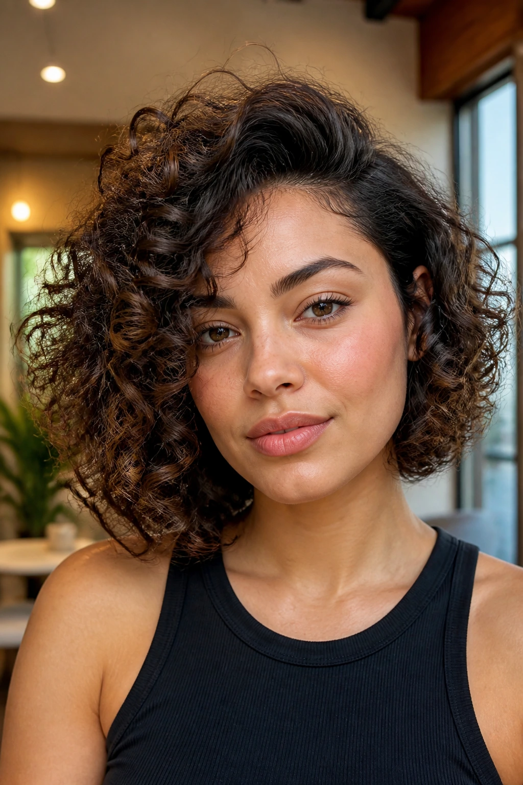 Close-up of a real woman with a defined crown lift and angled curly shape