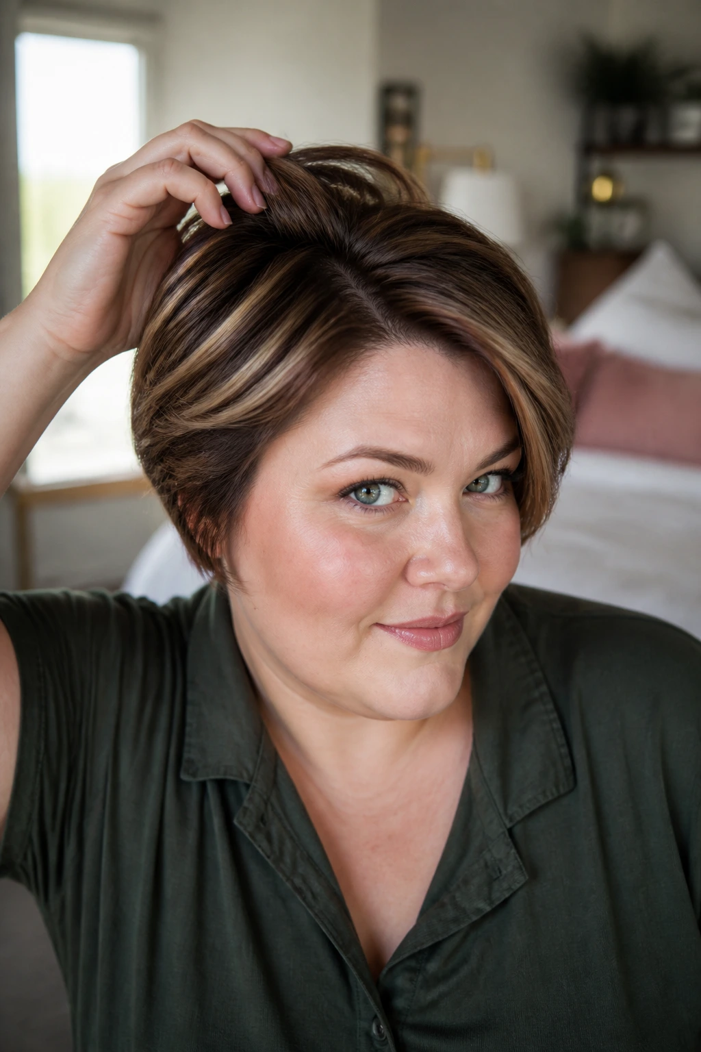 Portrait of a real person demonstrating crown lift and side-part styling for short hair.