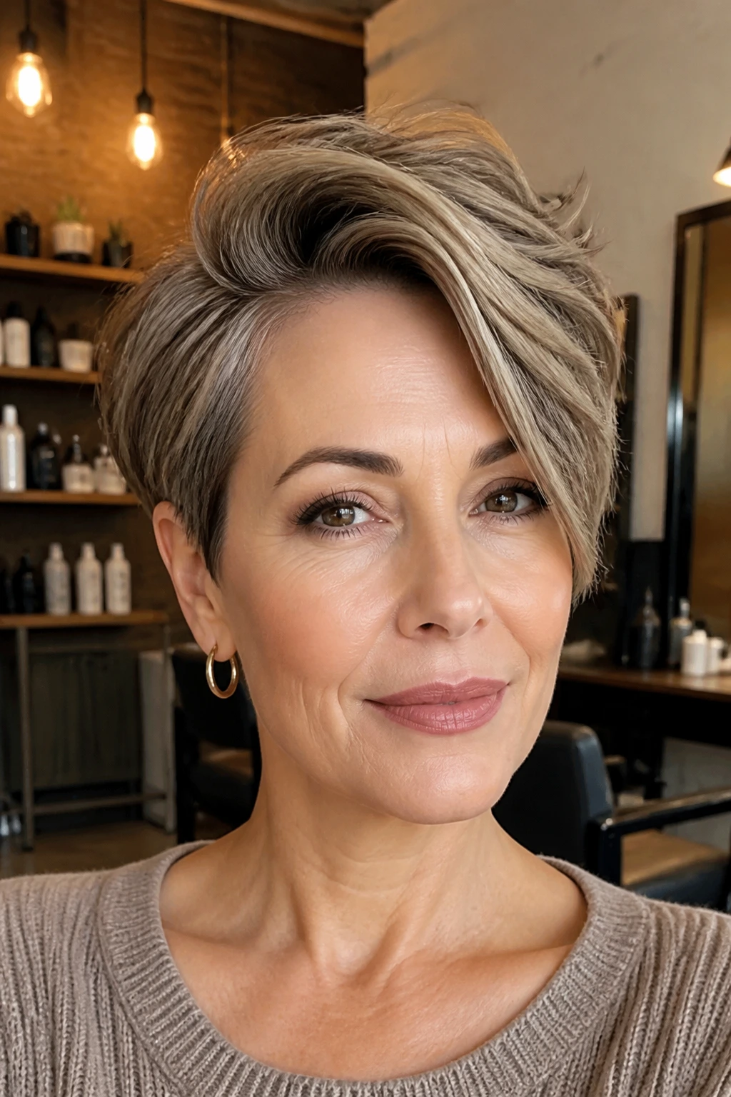 Close-up of a real woman with crown-lift side swoop in a softly lit salon
